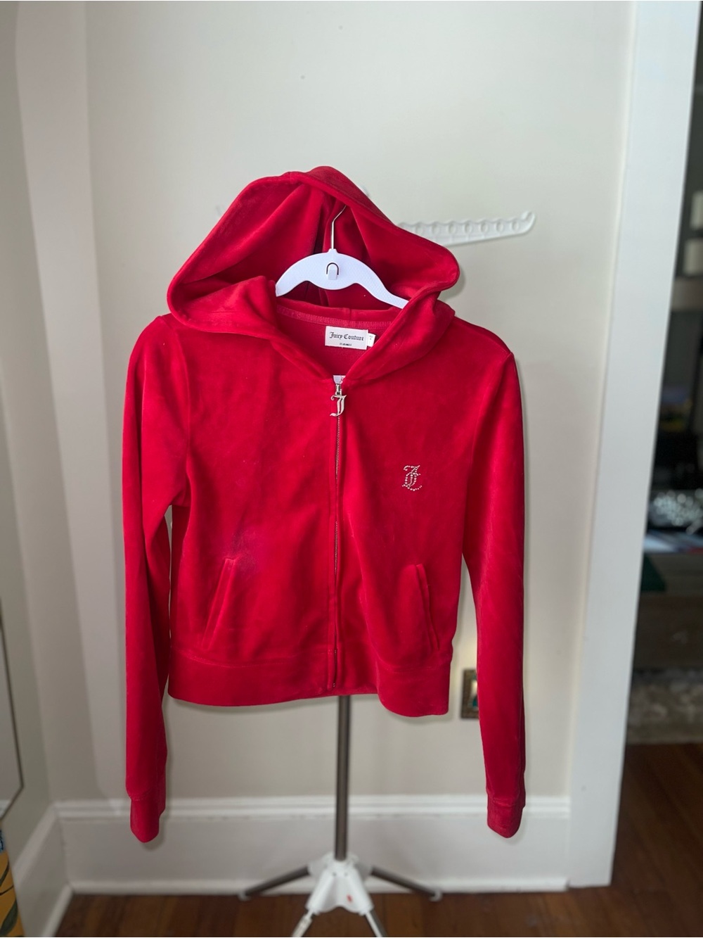 Juicy Couture Women's Bright Red Velour Zip-Up Hoodie Size Small Y2K